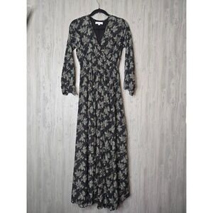 Ivy City Co Holly Berry Floral Holiday Maxi Dress Small Black V-Neck Boho